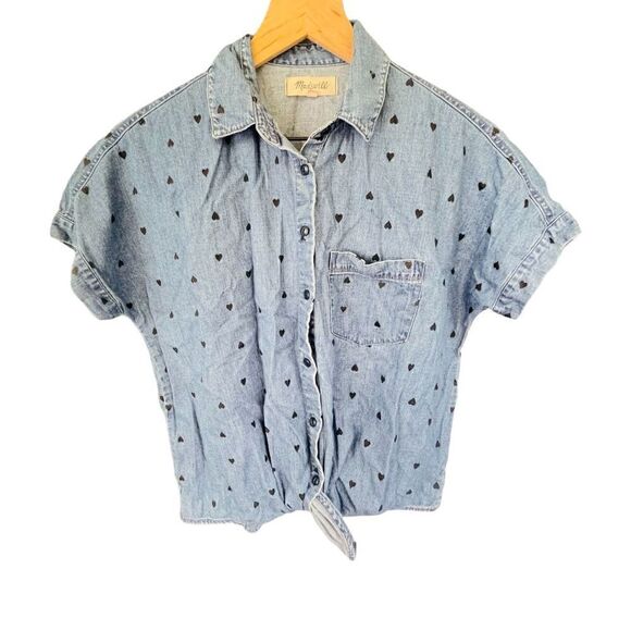 Madewell Short Sleeve Heart Detailed Tie Front Jean Top Shirt Size XXS - Picture 1 of 5